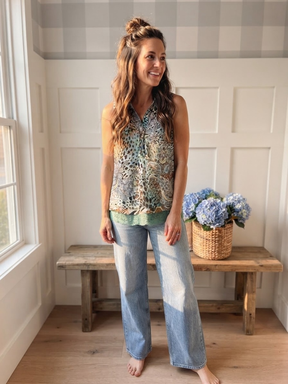 Lapis Mint & Multicolor Printed Sleeveless V-Neck Blouse Small